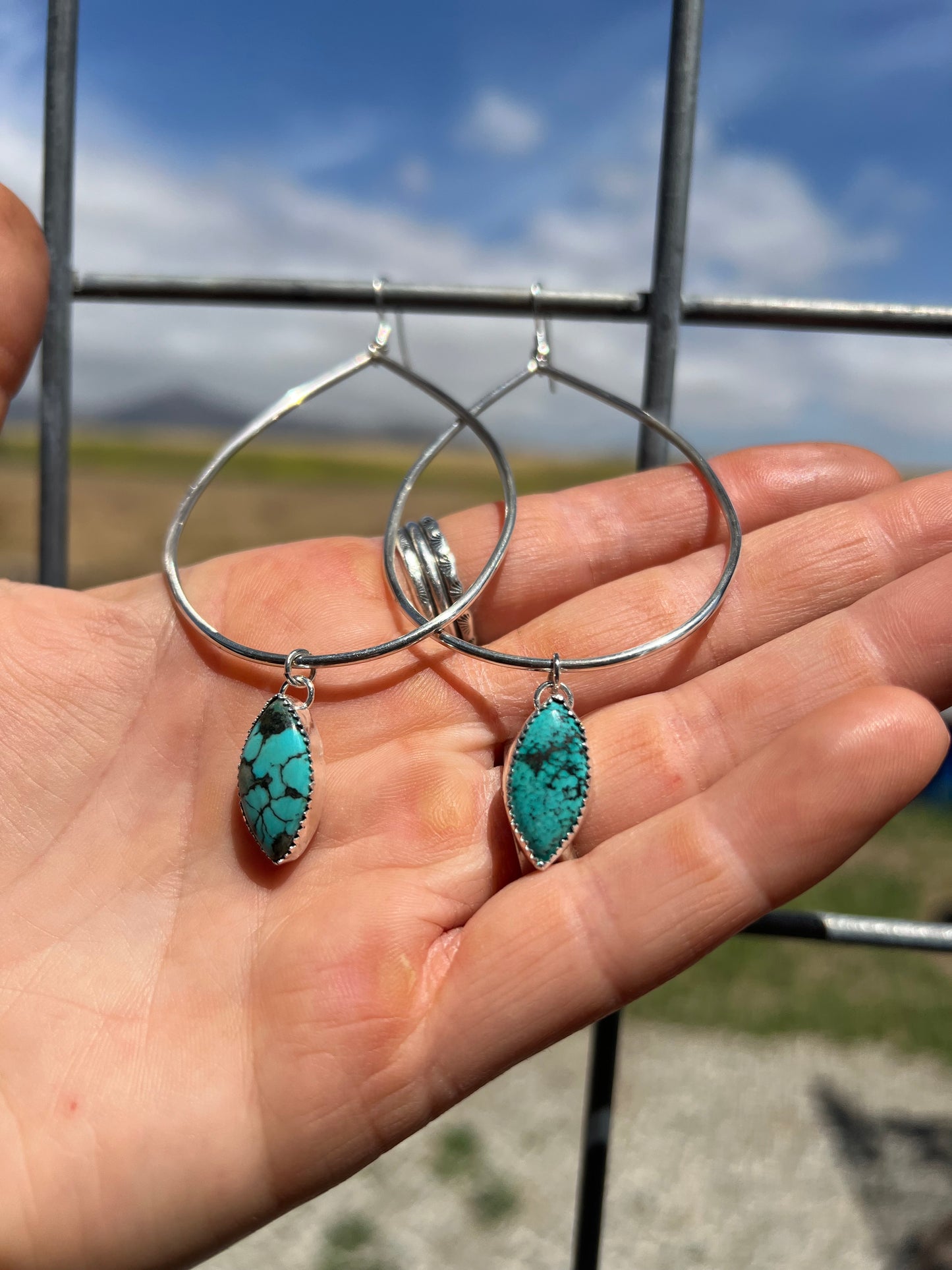 Natural Tibetan Turquoise Teardrop Hoops