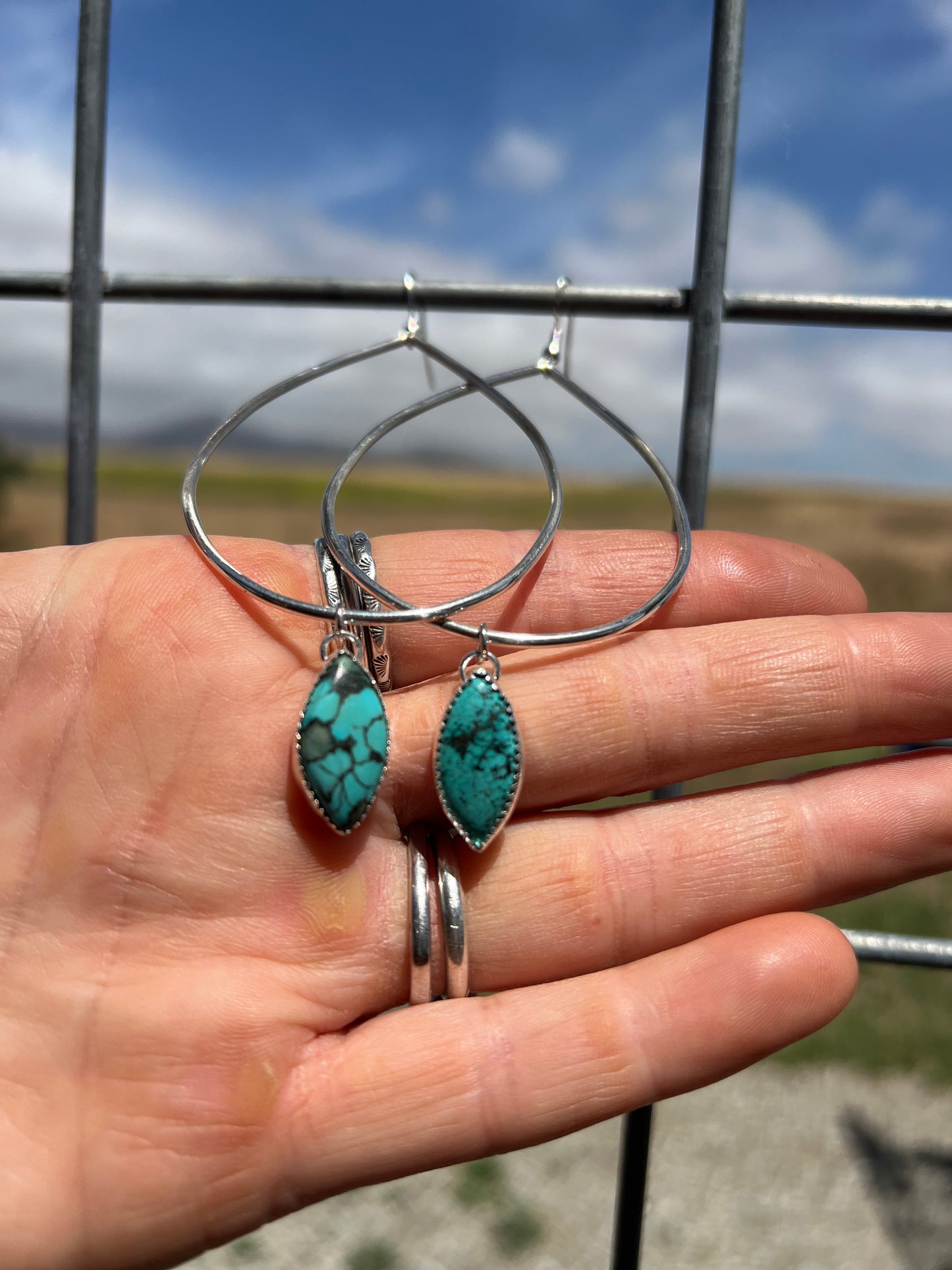 Natural Tibetan Turquoise Teardrop Hoops