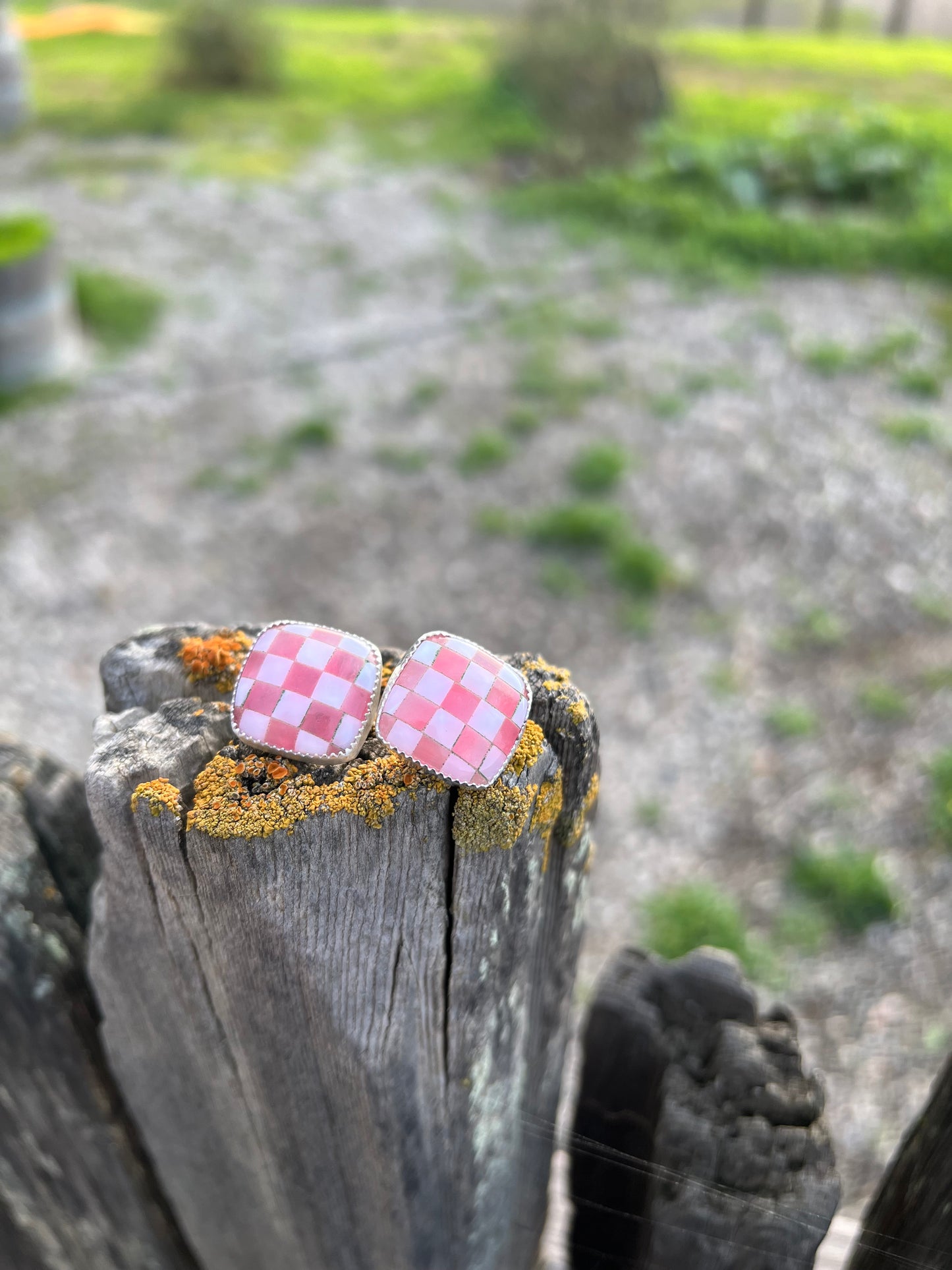 Pink checkered studs