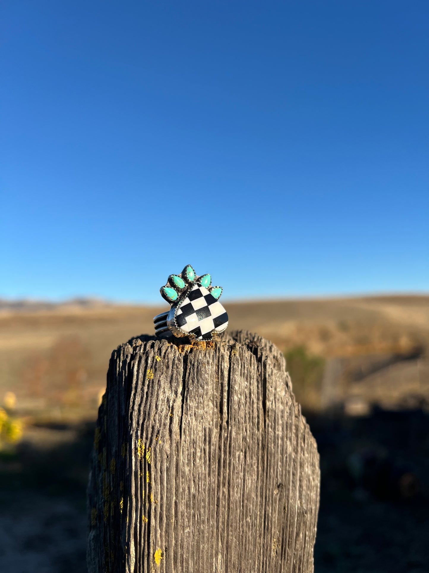 Checkered Spade Ring with Kingman Turquoise