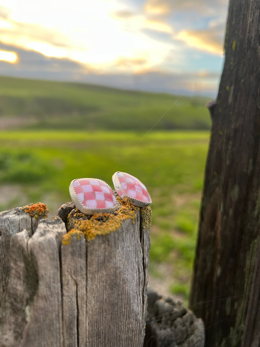 Pink checkered studs